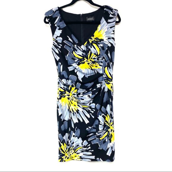 Adrianna Papell Black & Yellow Floral Side Twist Jersey Dress Size 6 - Picture 1 of 8